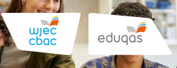 Smiling learners with WJEC and Eduqas logos on top.