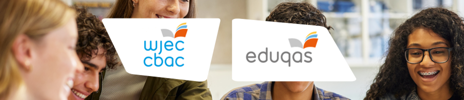 Smiling learners with WJEC and Eduqas logos on top.